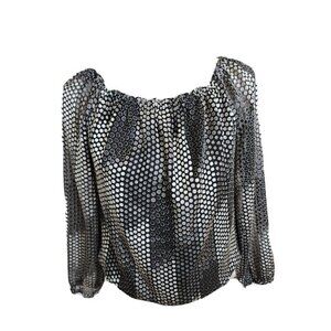 White House Black Market  Long Sleeve Black & Silver Polka Dot Top Women's Small
